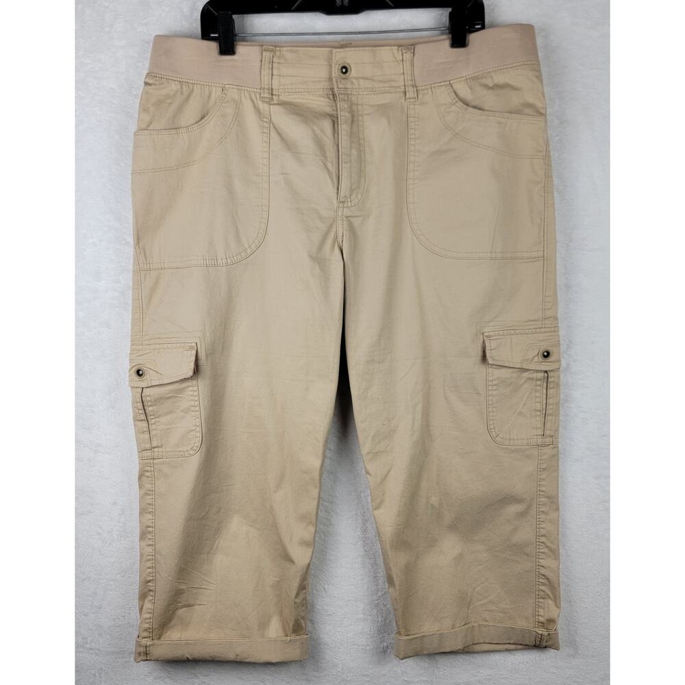 Sz 16 Cargo Capri Khaki Cuff Stretch Waist Band Vacation Casual Beach Cruise